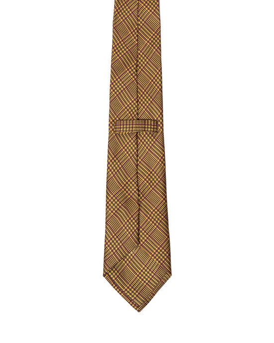 Printed Tie - 3 Fold - Yellow with burgundy glen plaid