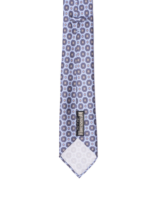 Printed tie - 7 Fold - Navy medallion with sky blue