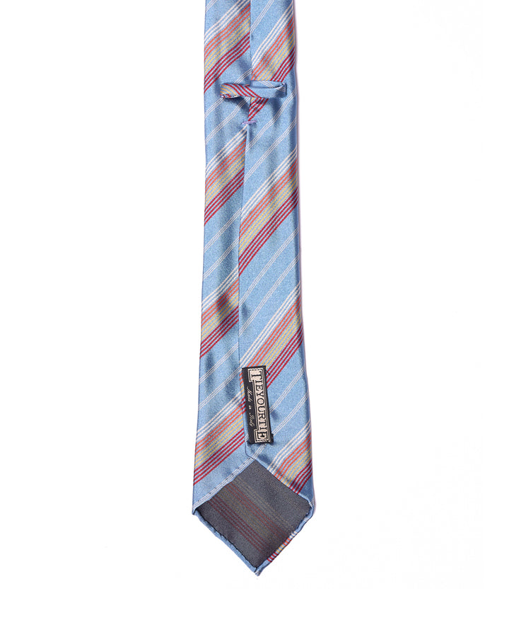 Printed tie - 7 Fold - Light blue with red, burgundy, yellow and whtie stripe