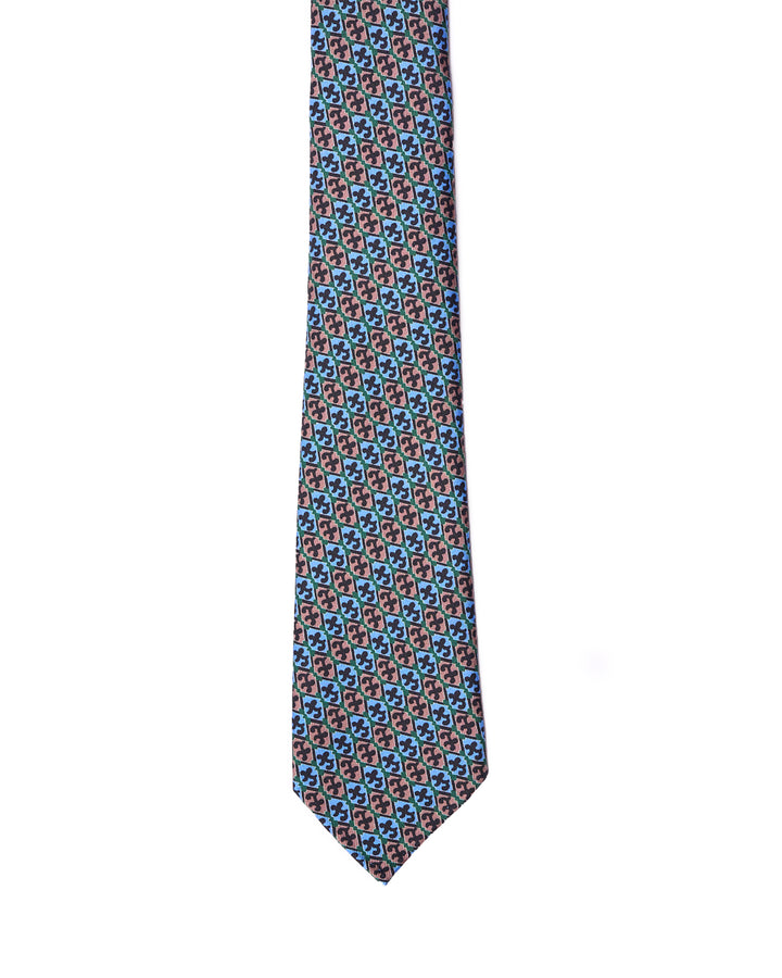 Printed tie - 7 Fold - Blue and brown small motif