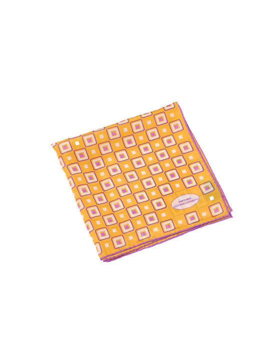 Pocket square - Silk - Purple retro square on yellow