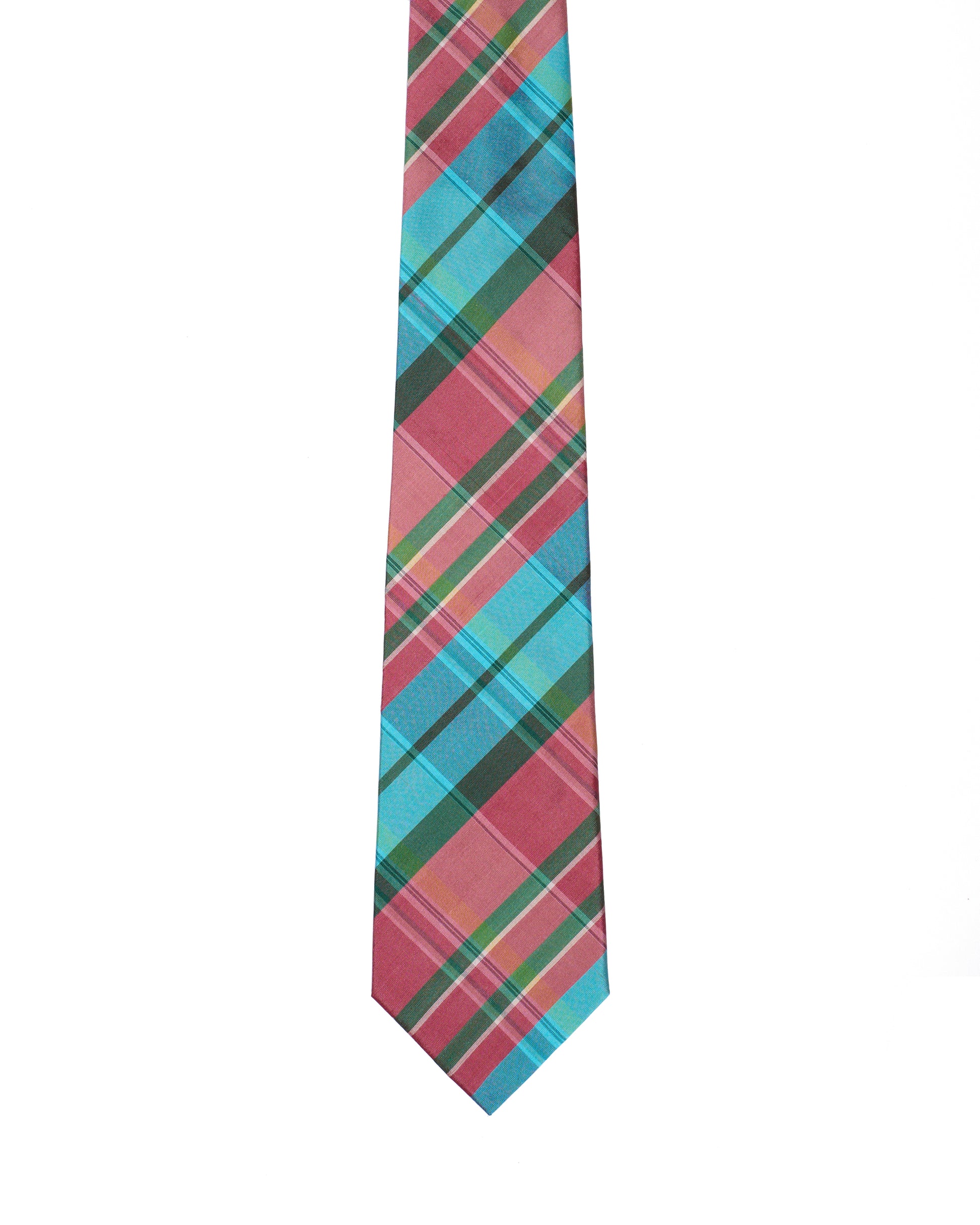 Printed Tie - 3 Fold - Pink, light blue and green plaid