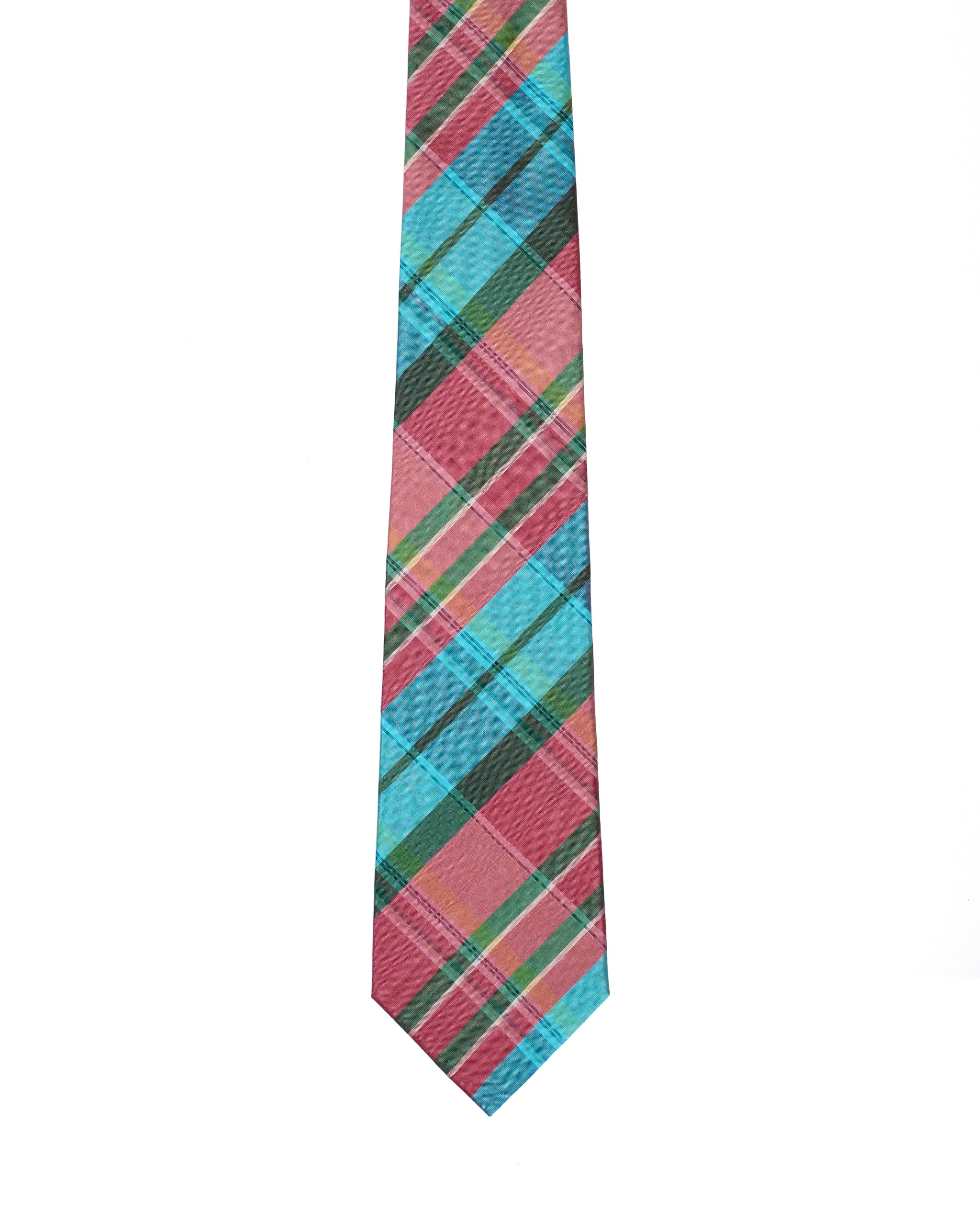 Printed Tie - 3 Fold - Pink, light blue and green plaid