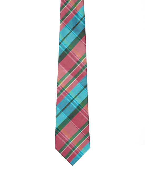 Printed Tie - 3 Fold - Pink, light blue and green plaid