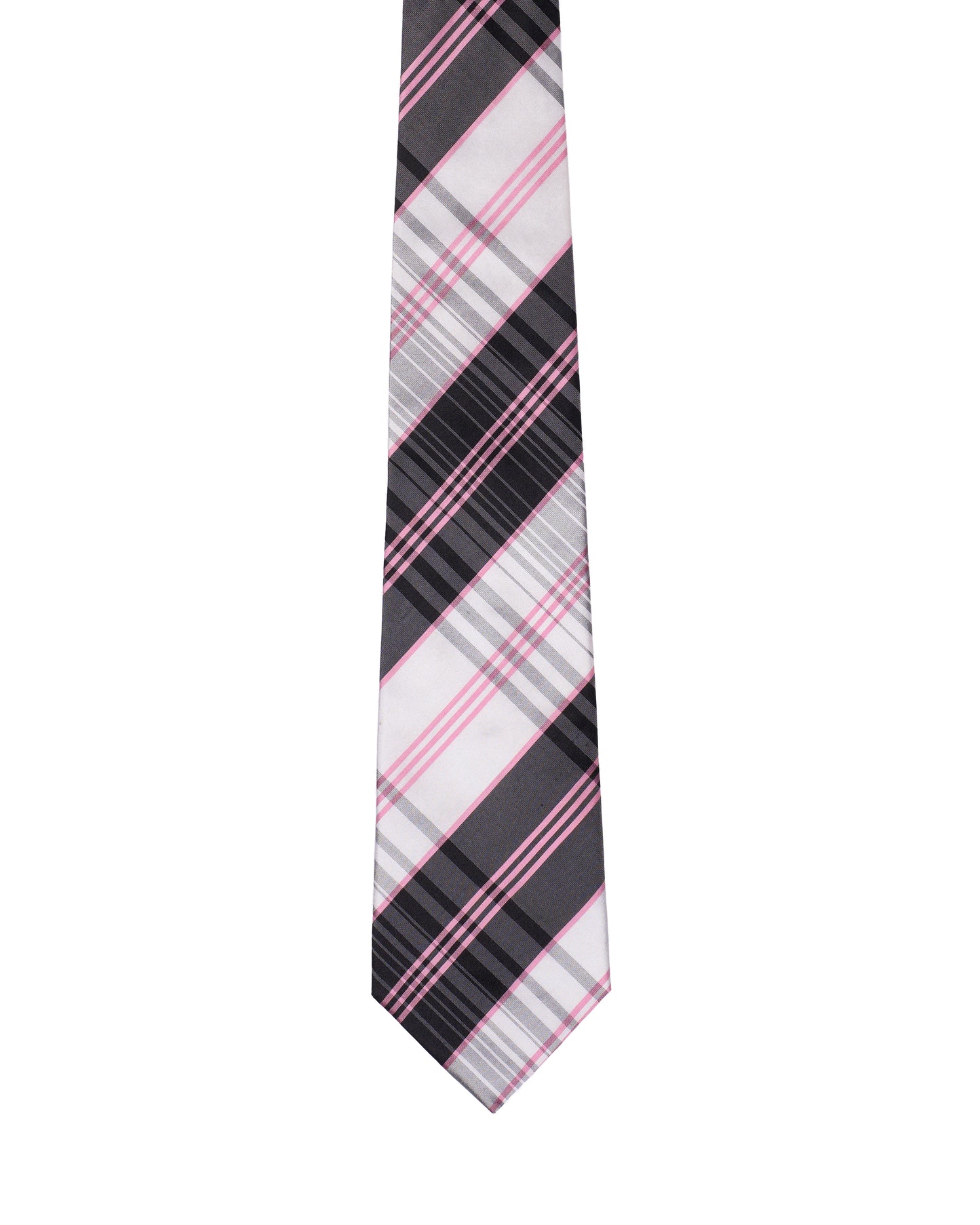 Printed Tie - 3 Fold -Black and grey with pink stripe plaid