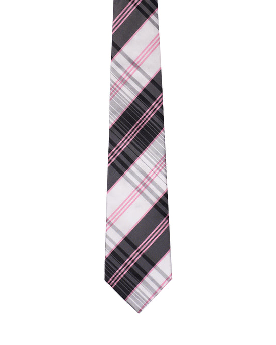 Printed Tie - 3 Fold -Black and grey with pink stripe plaid