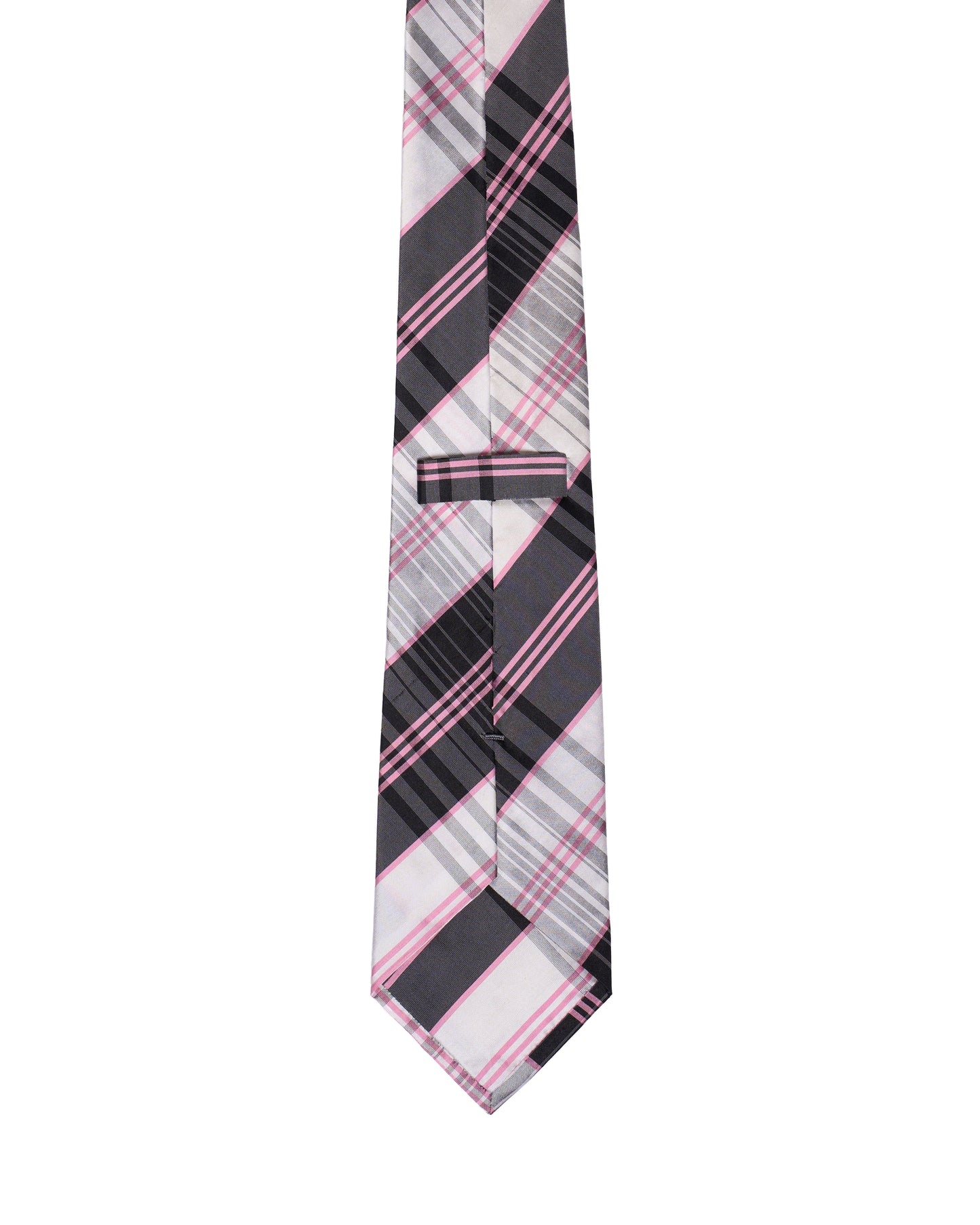 Printed Tie - 3 Fold -Black and grey with pink stripe plaid