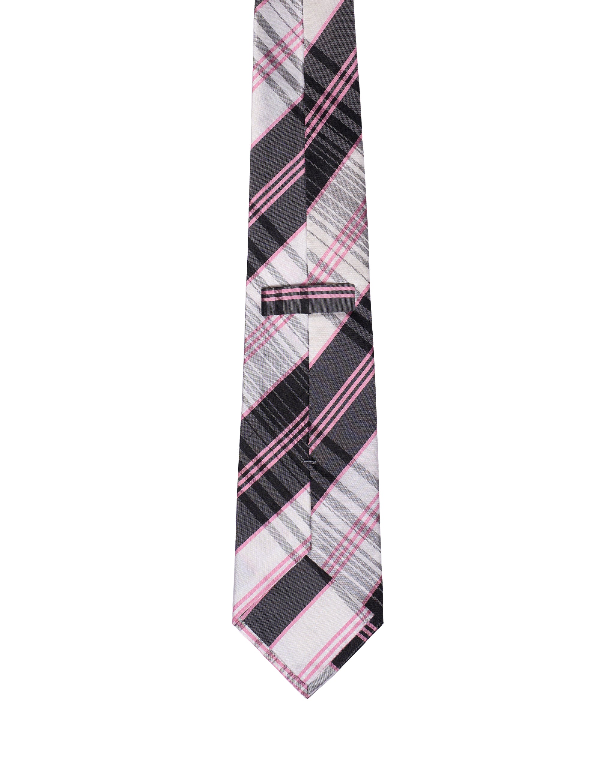 Printed Tie - 3 Fold -Black and grey with pink stripe plaid