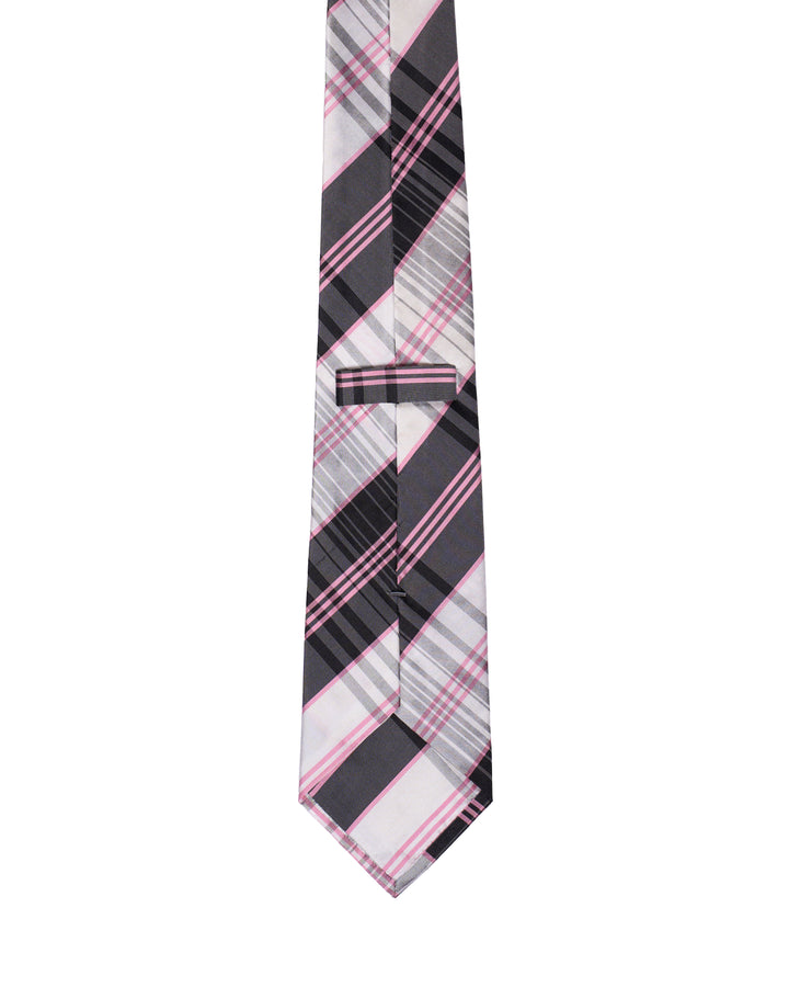 Printed Tie - 3 Fold -Black and grey with pink stripe plaid