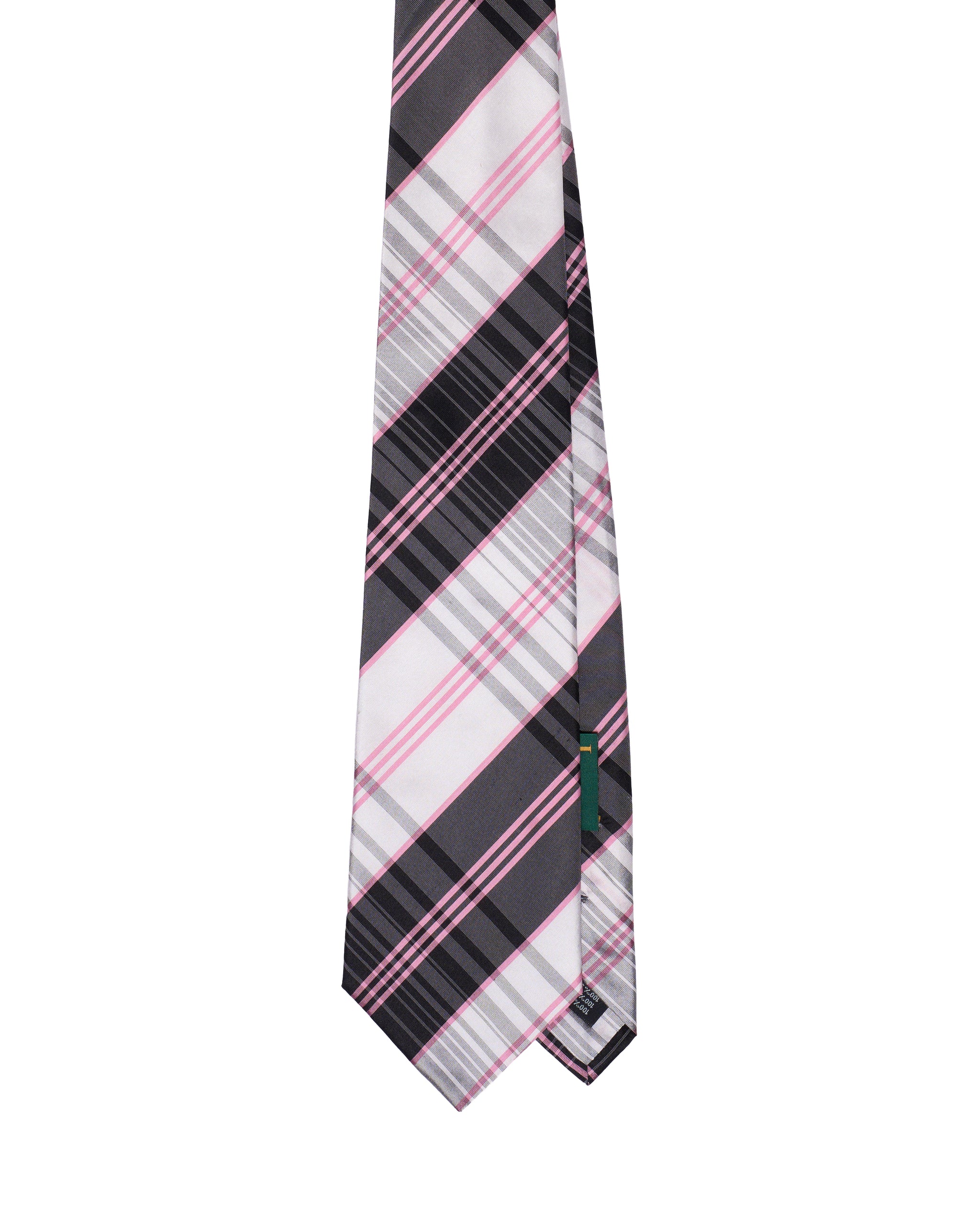 Printed Tie - 3 Fold -Black and grey with pink stripe plaid