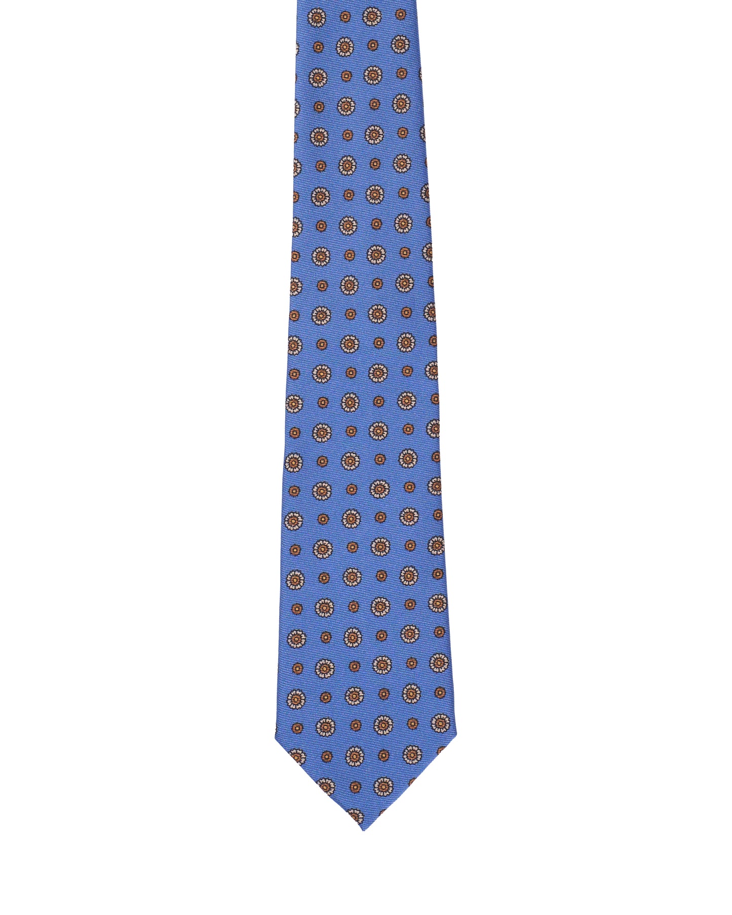 Printed Tie - 3 Fold - Beige flower motif on medium blue