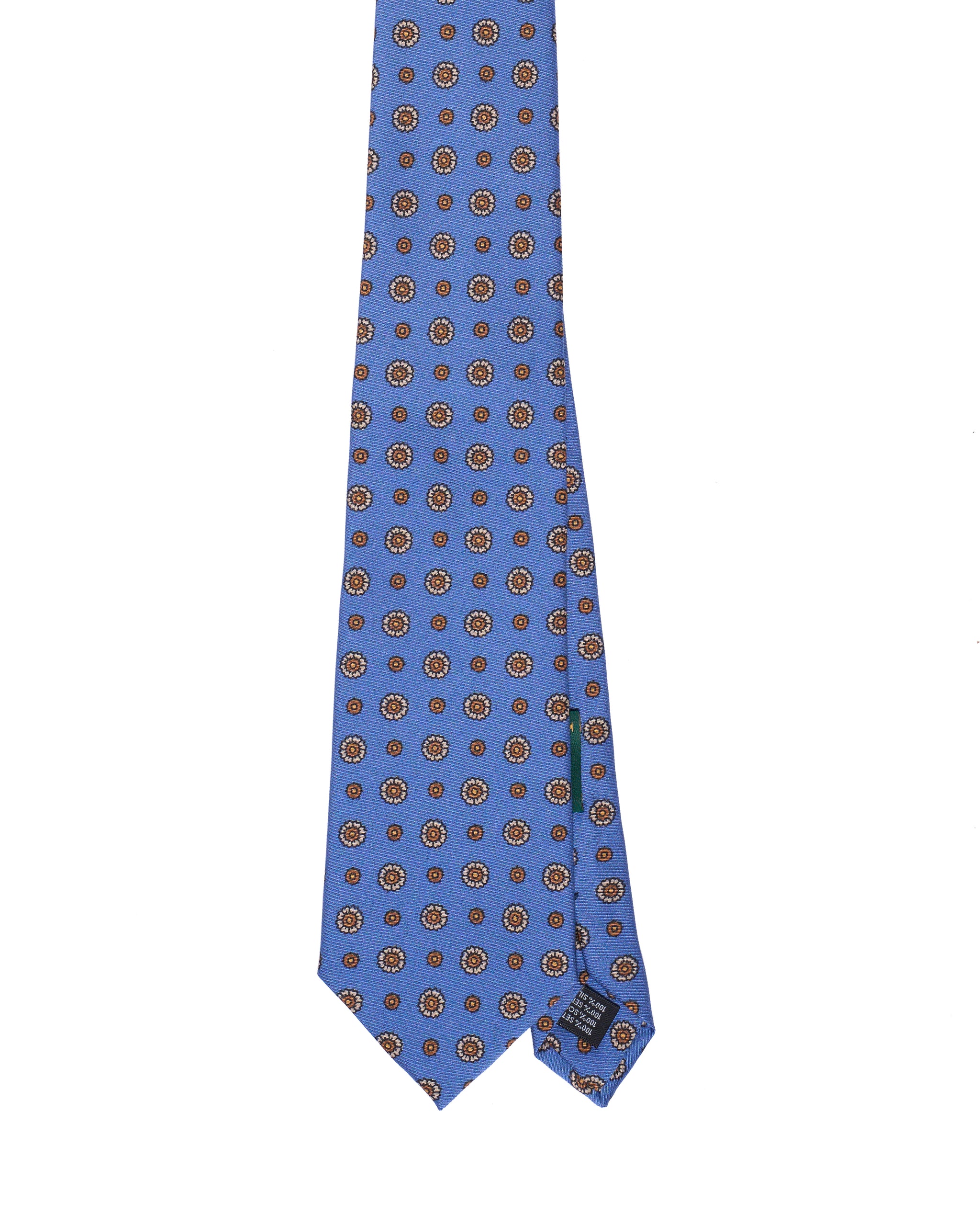 Printed Tie - 3 Fold - Beige flower motif on medium blue