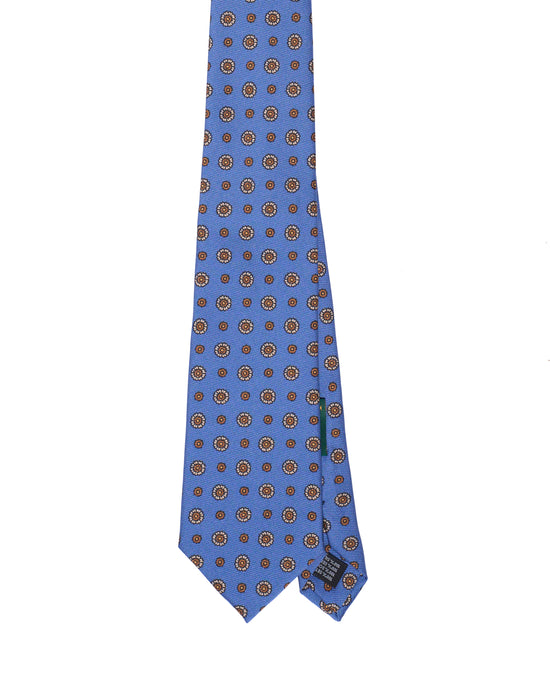 Printed Tie - 3 Fold - Beige flower motif on medium blue