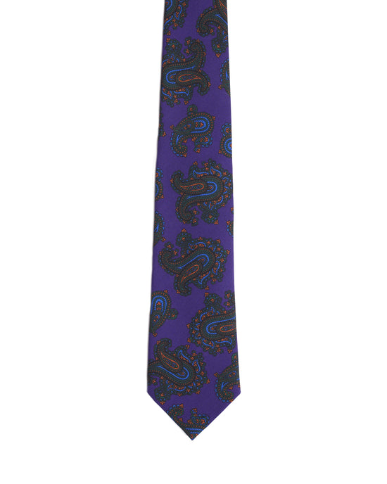 Printed Tie - 3 Fold - Purple with large green paisley