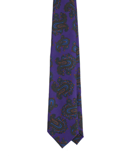 Printed Tie - 3 Fold - Purple with large green paisley