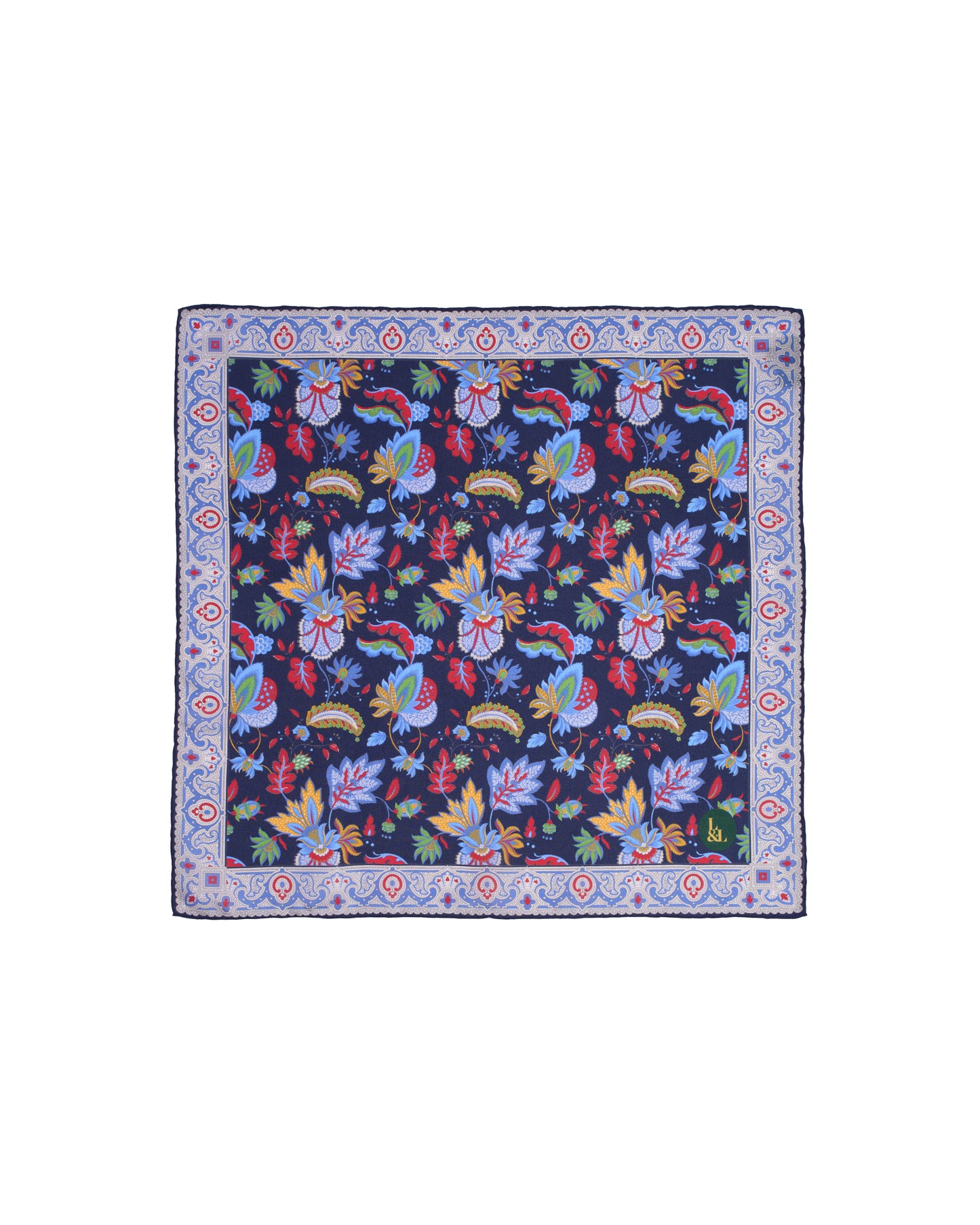 Pocket square - Silk - Navy blue with colourful garden