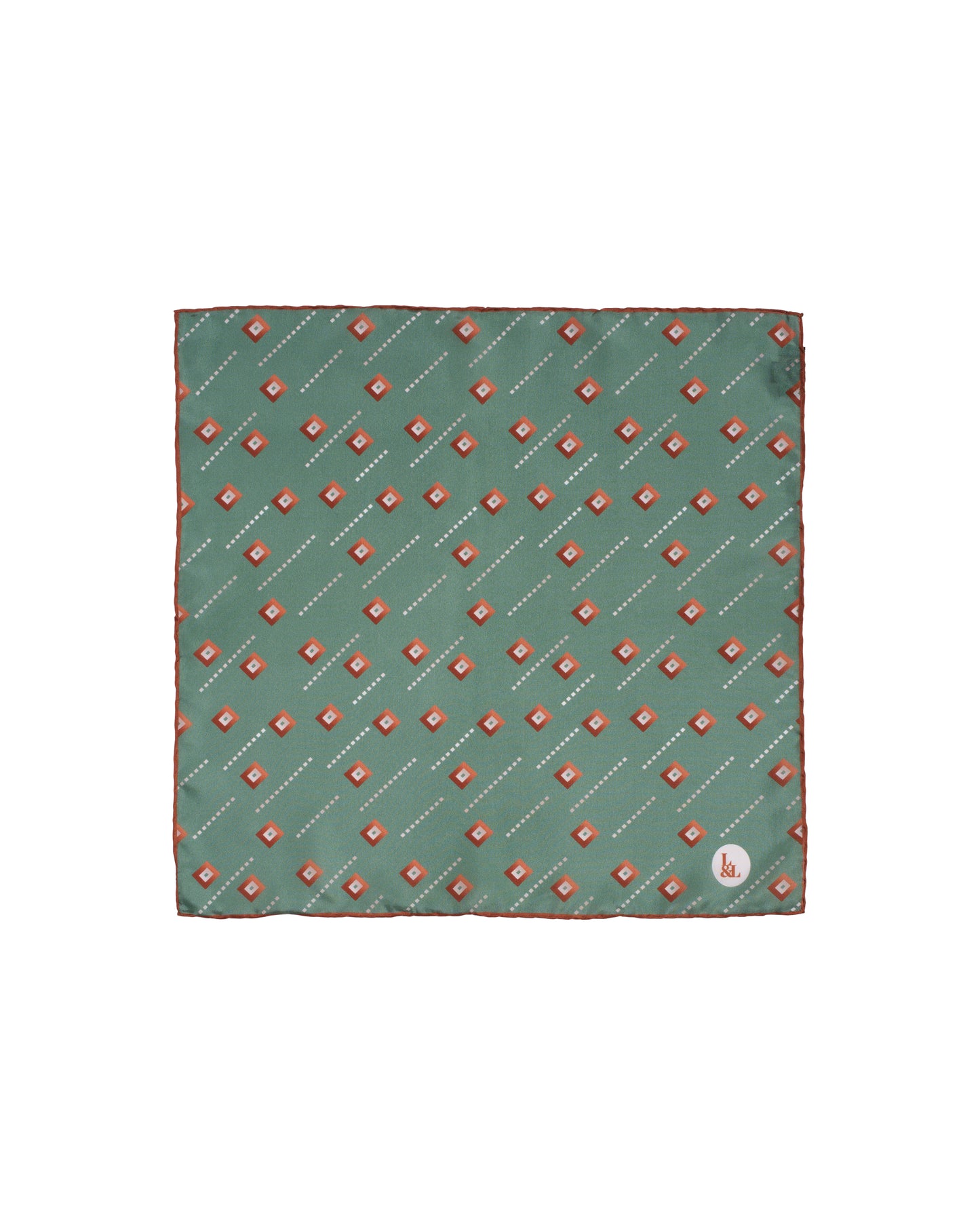 Pocket square - Silk - Green with orange square motif