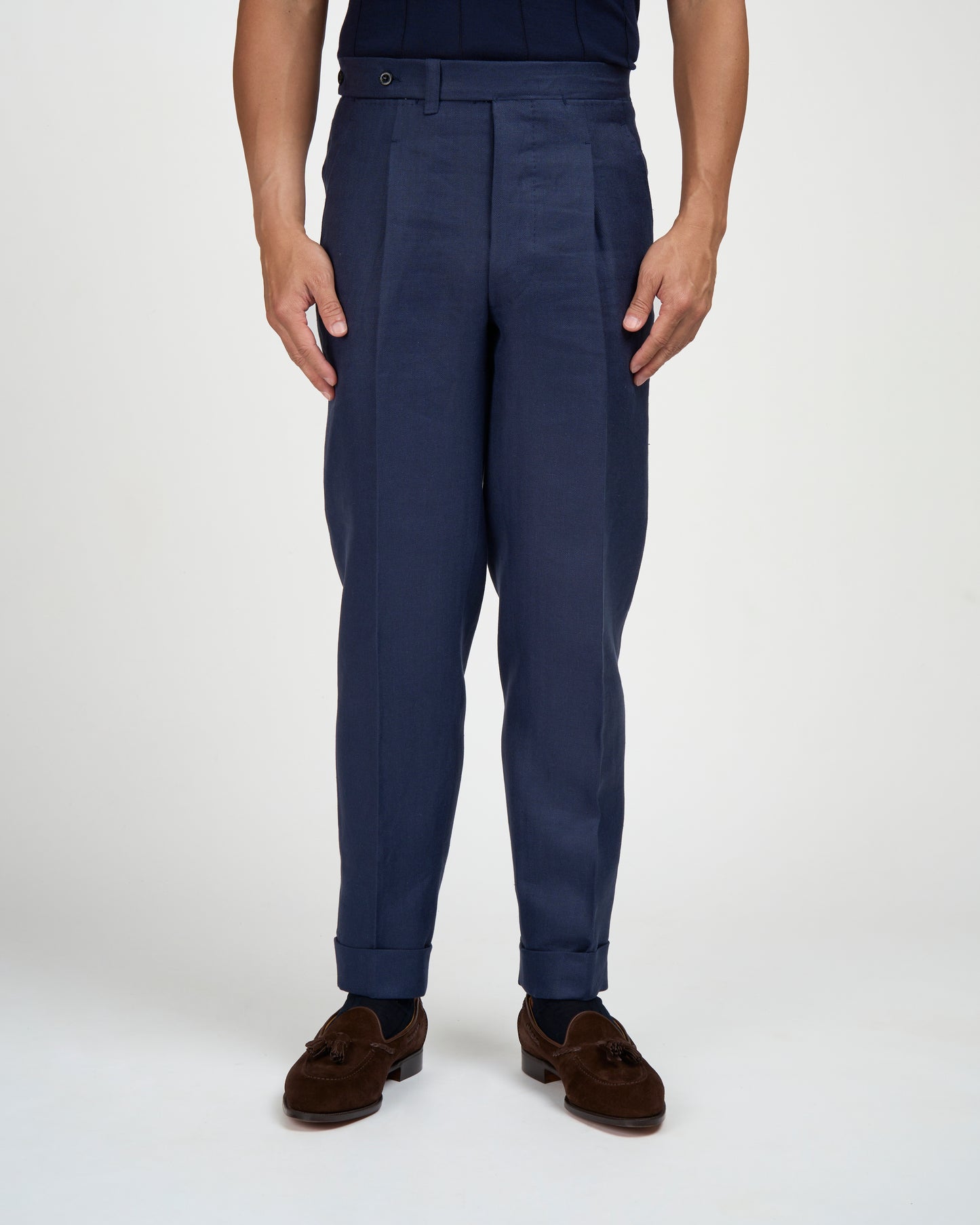 Herringbone linen trousers - Single pleat trousers - Navy Blue