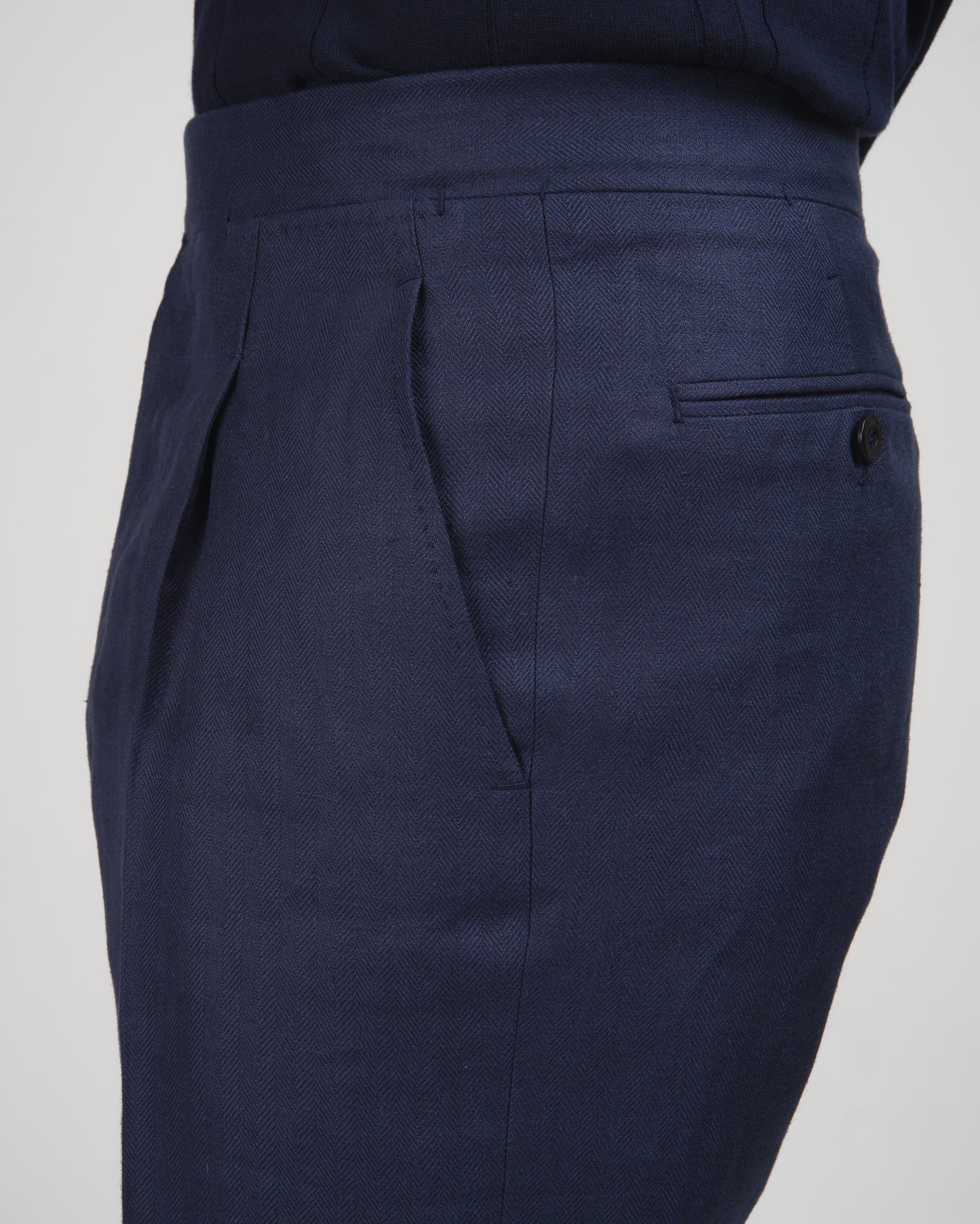 Herringbone linen trousers - Single pleat trousers - Navy Blue