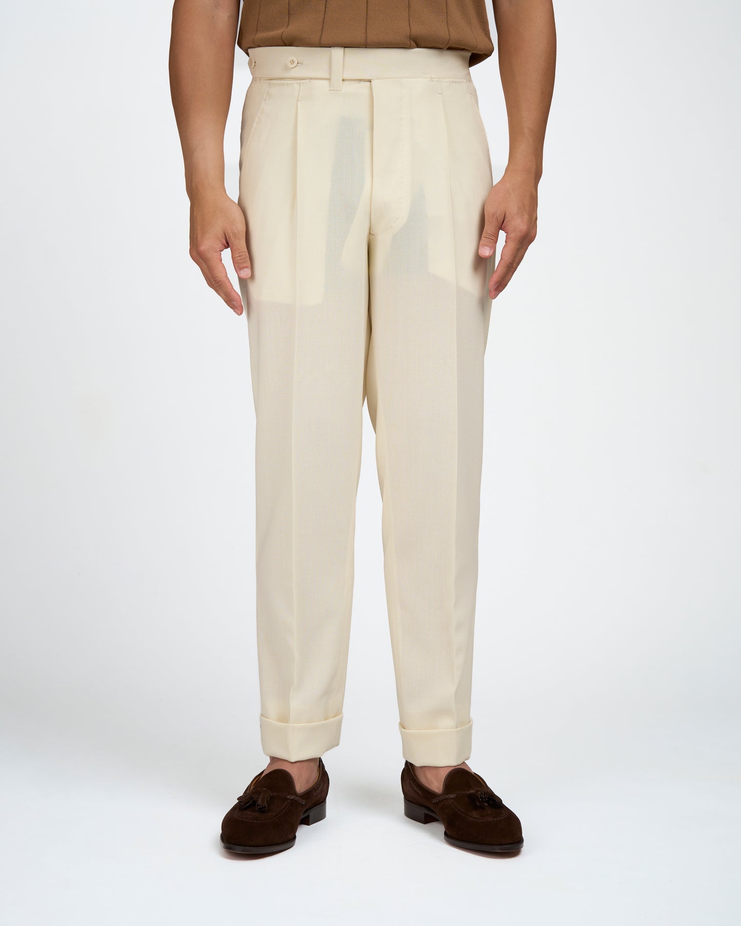 Four ply wool trousers - Single pleat trousers - Ivory