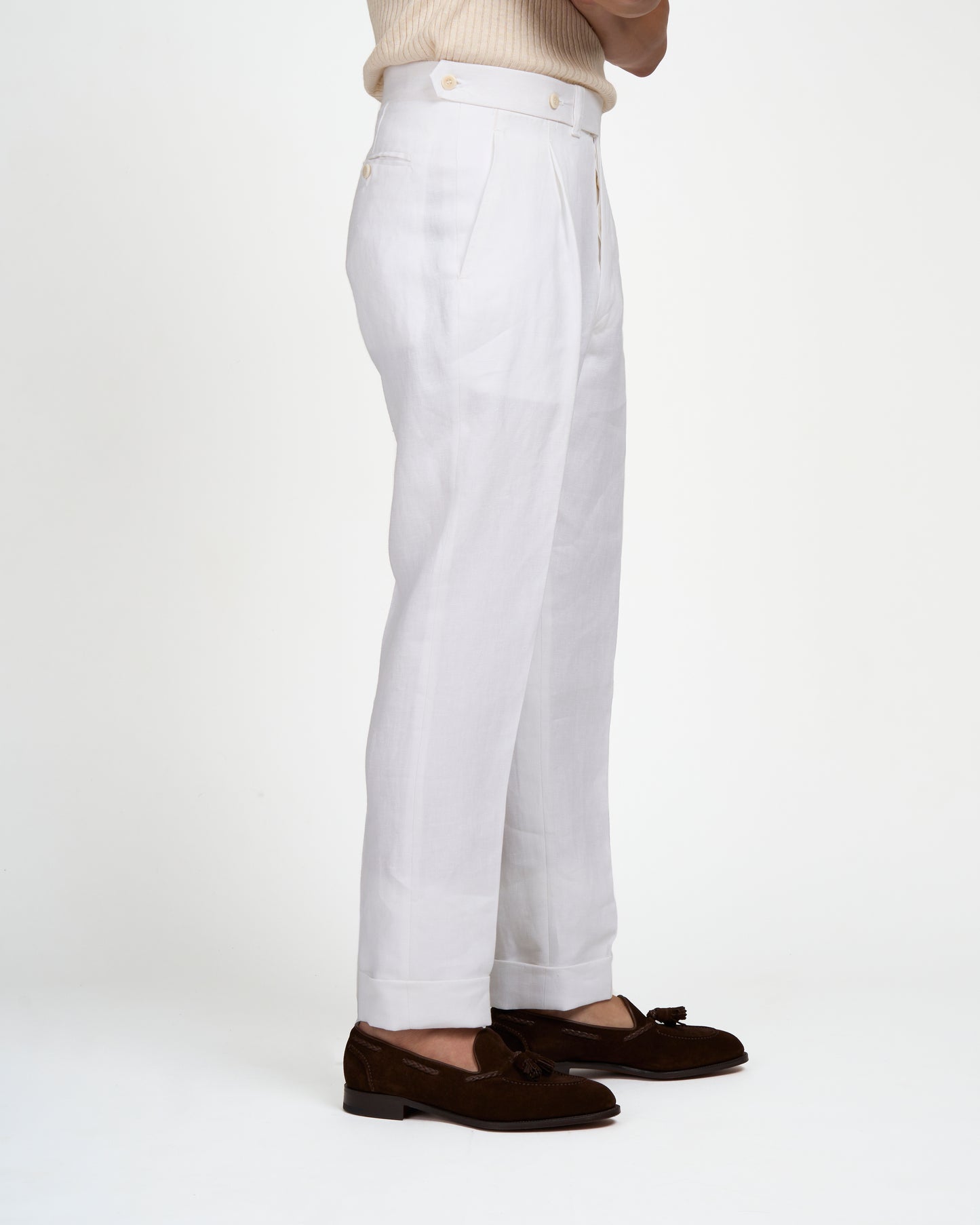 Herringbone linen trousers - Single pleat trousers - White