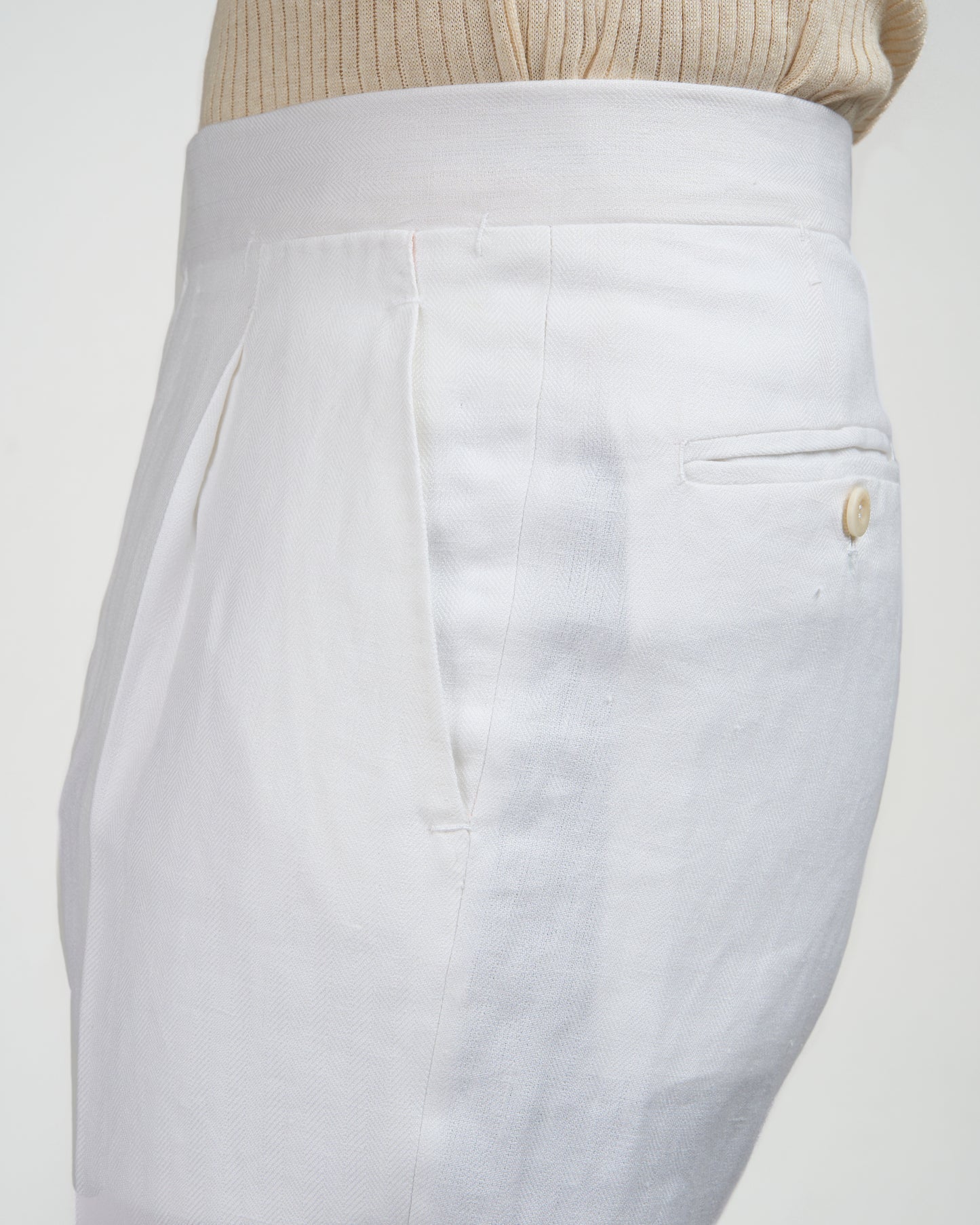 Herringbone linen trousers - Single pleat trousers - White