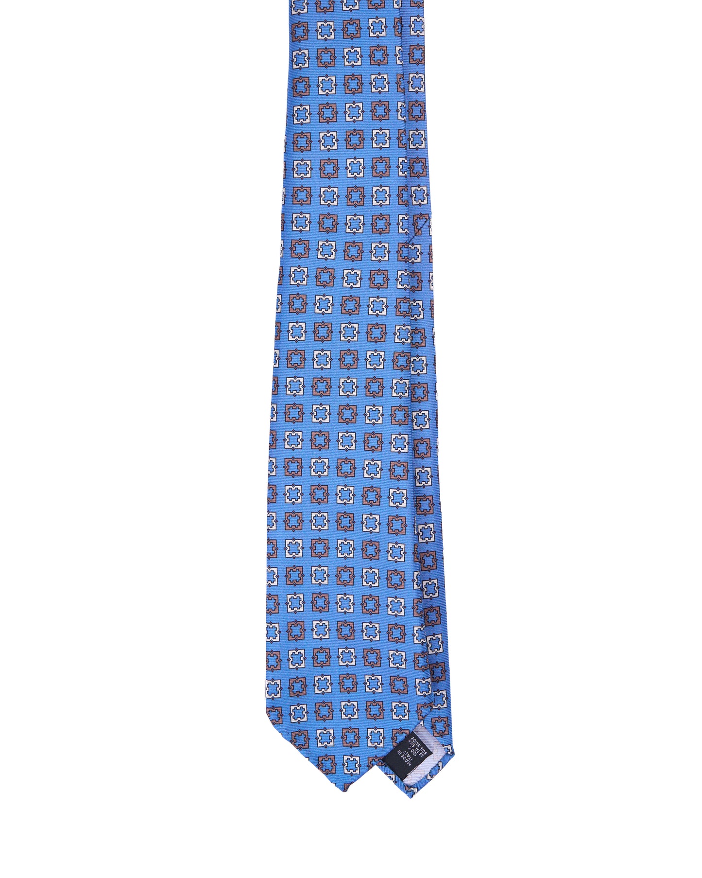 Printed tie - 7 Fold - Medium blue with orange and white square motif