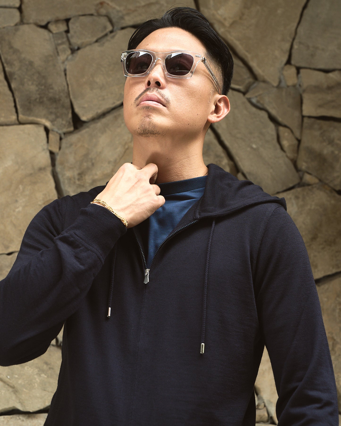 Knitted wool hoodie with zip - Navy blue