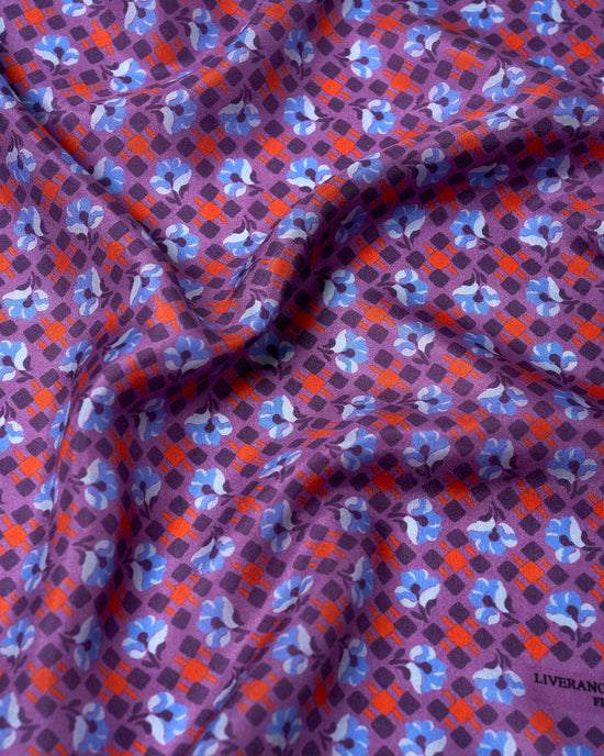 Pocket square - silk - Purple with blue flower motif