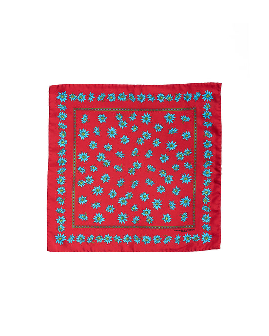 Pocket square - silk - Red with blue flower
