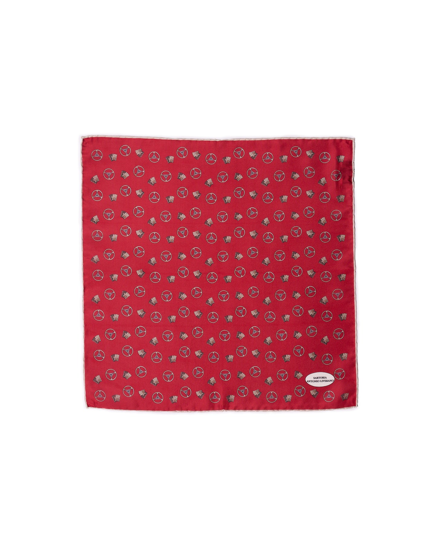 Pocket square - Silk - Red with brown gloves and wheels