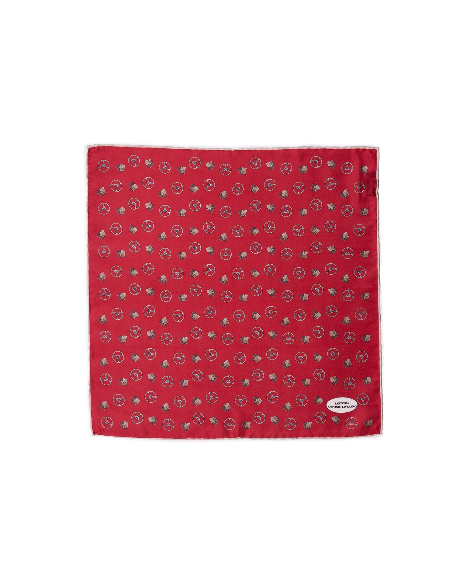 Pocket square - Silk - Red with brown gloves and wheels