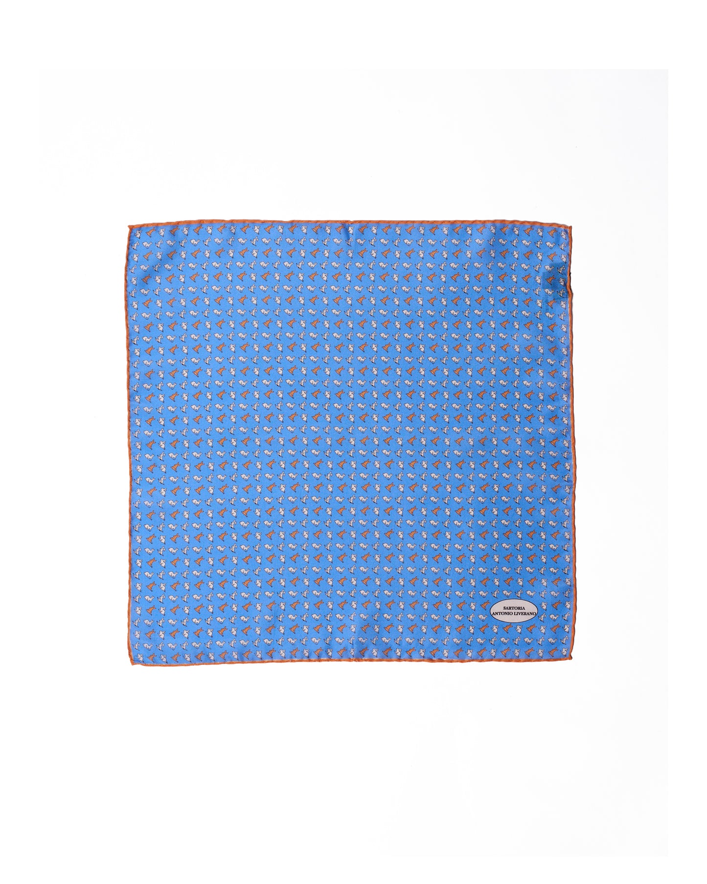 Pocket square - silk - Blue with white and orange rabbit motif