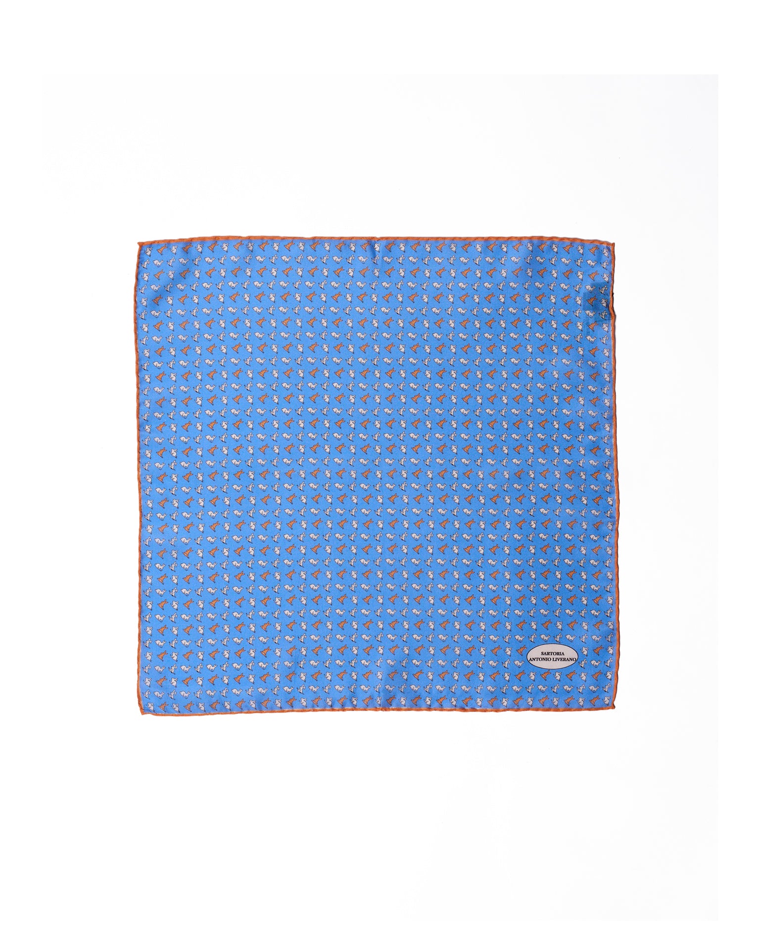 Pocket square - silk - Blue with white and orange rabbit motif