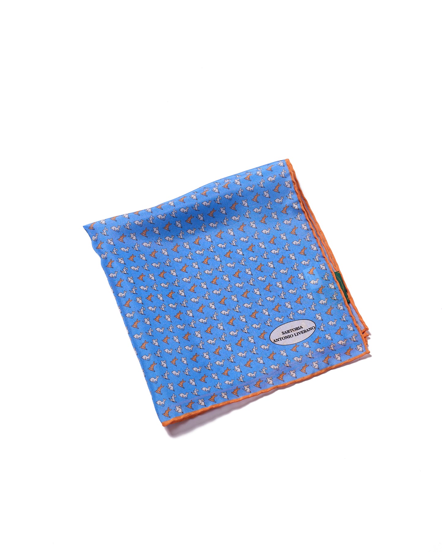 Pocket square - silk - Blue with white and orange rabbit motif