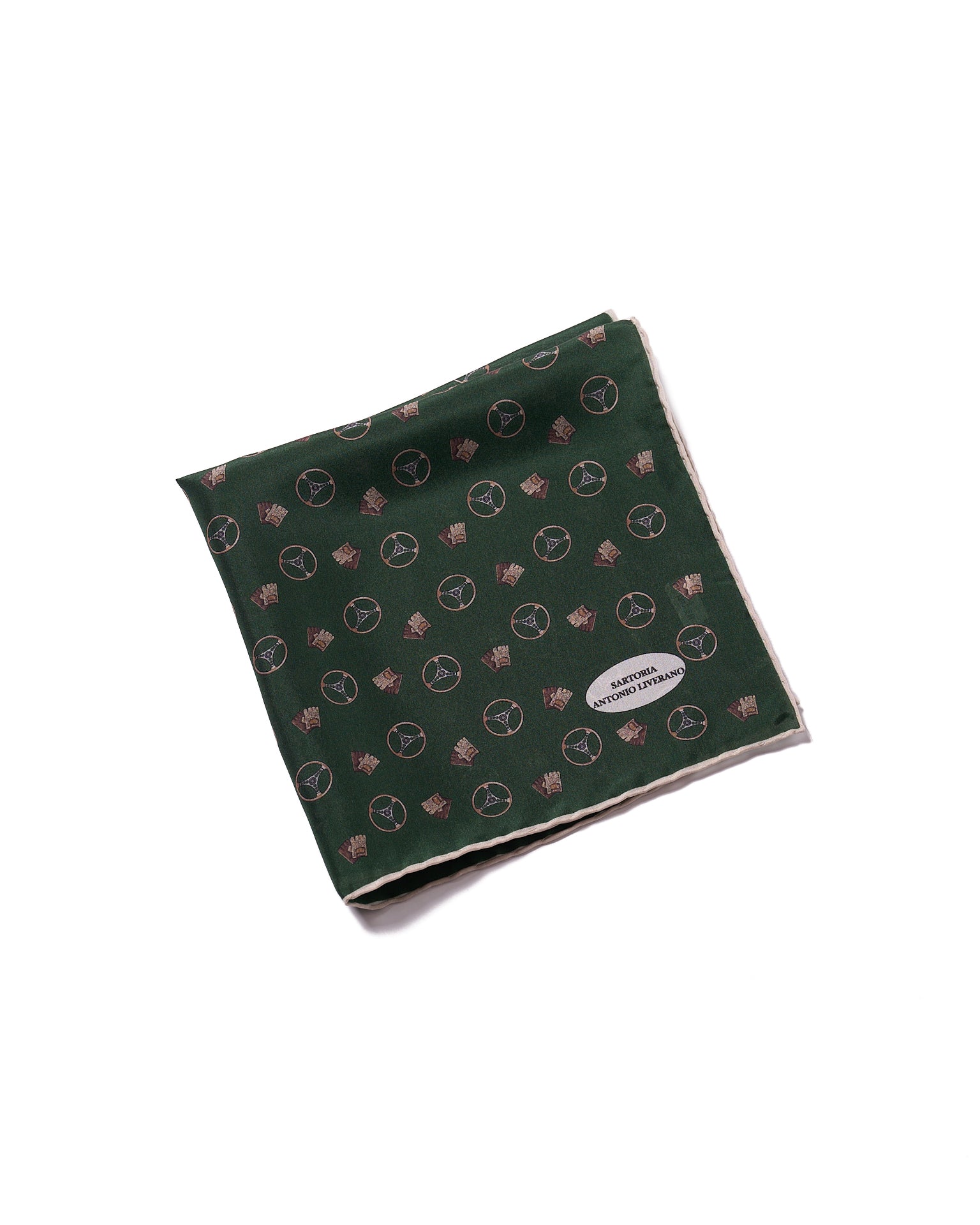 Pocket square - Silk - Green with brown gloves and wheels