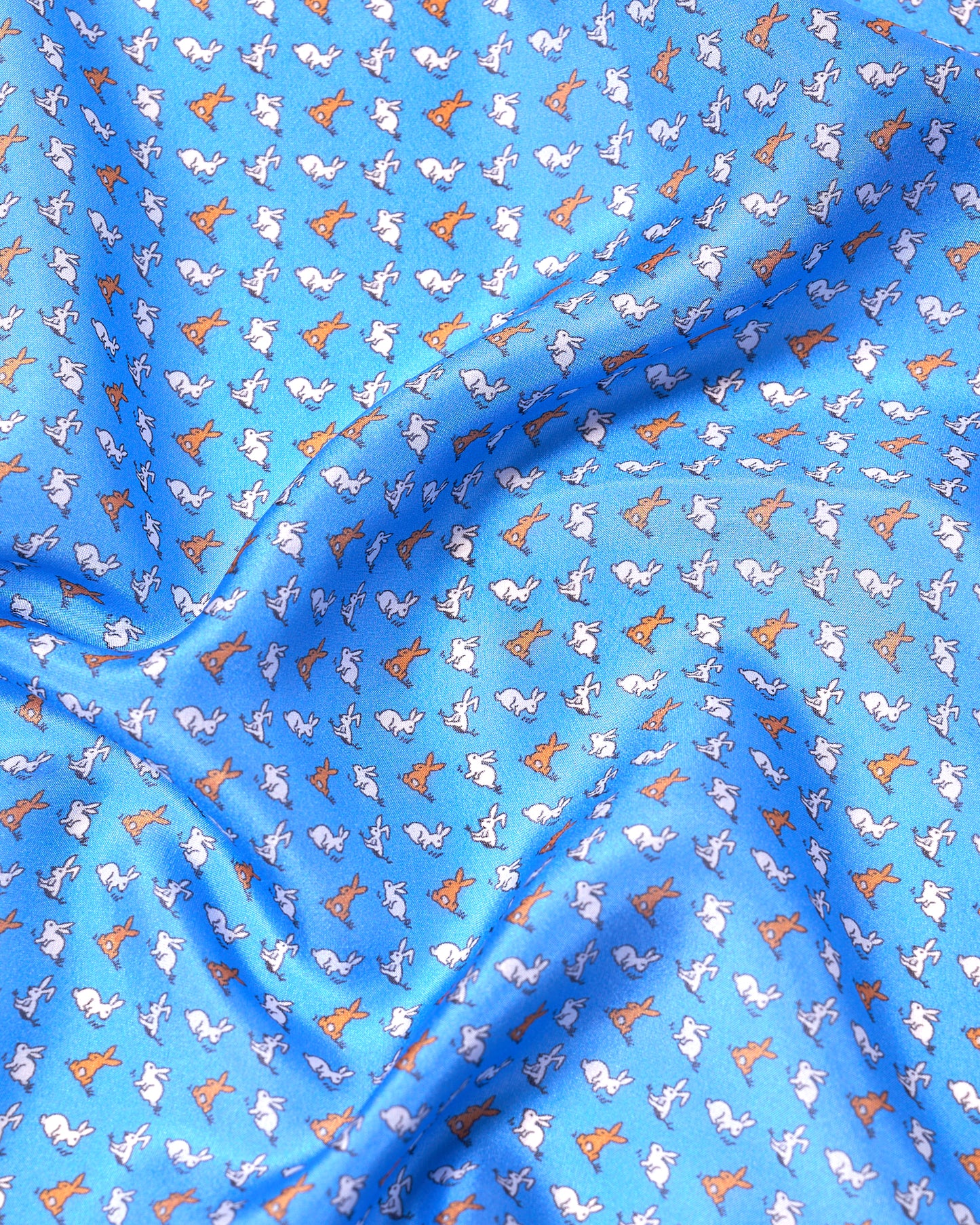 Pocket square - silk - Blue with white and orange rabbit motif