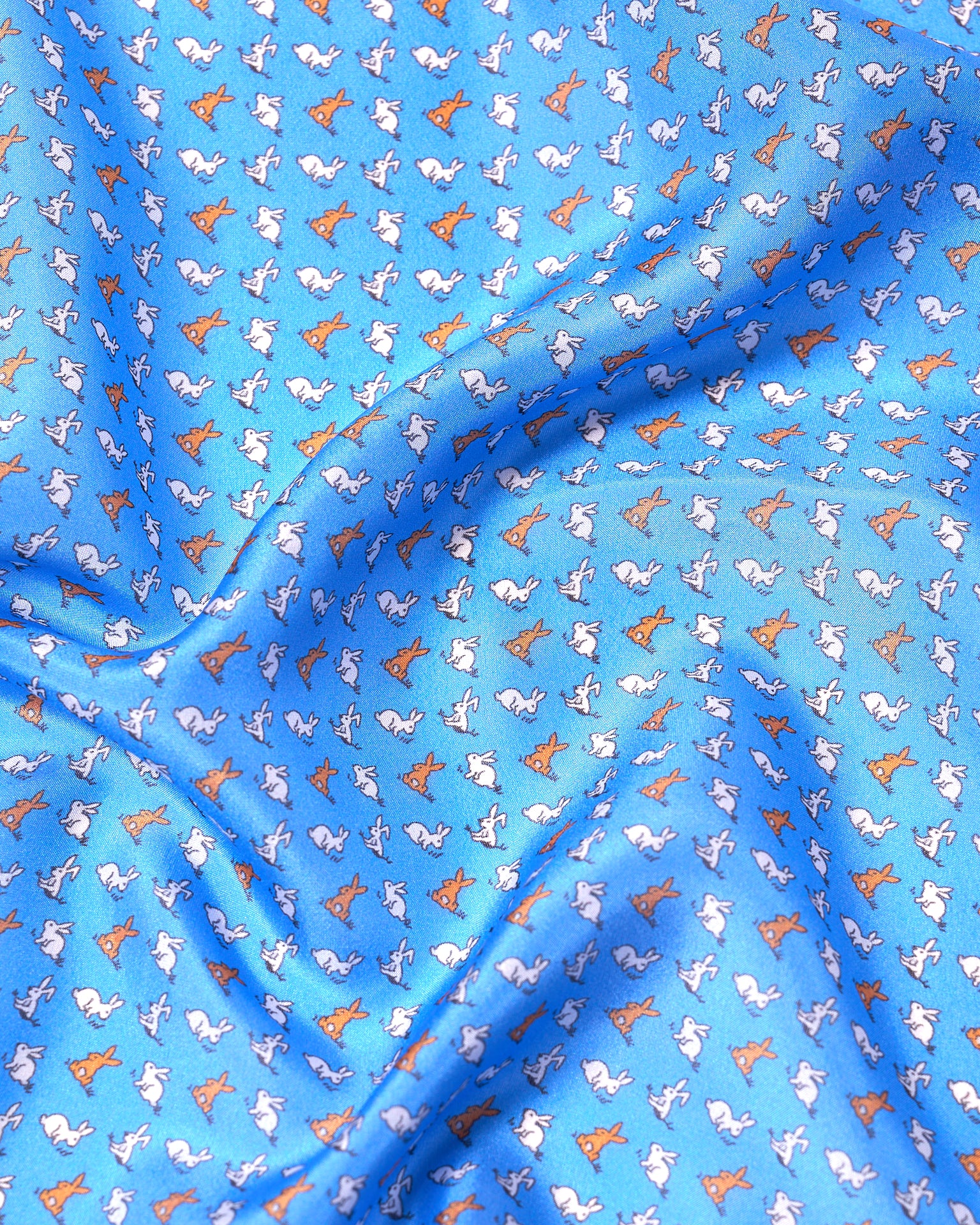 Pocket square - silk - Blue with white and orange rabbit motif