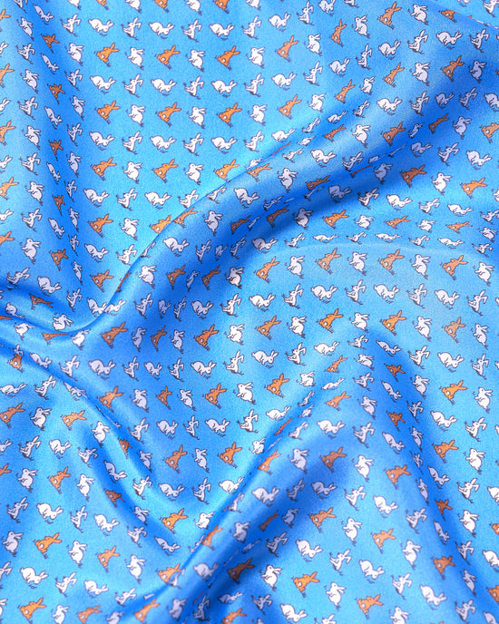 Pocket square - silk - Blue with white and orange rabbit motif