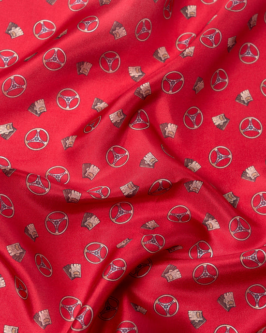 Pocket square - Silk - Red with brown gloves and wheels