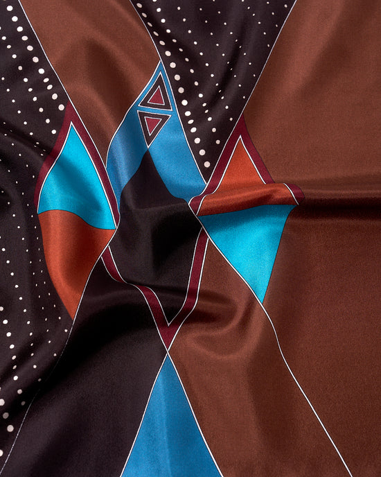 Pocket square - Silk -  Almond brown with blue art deco