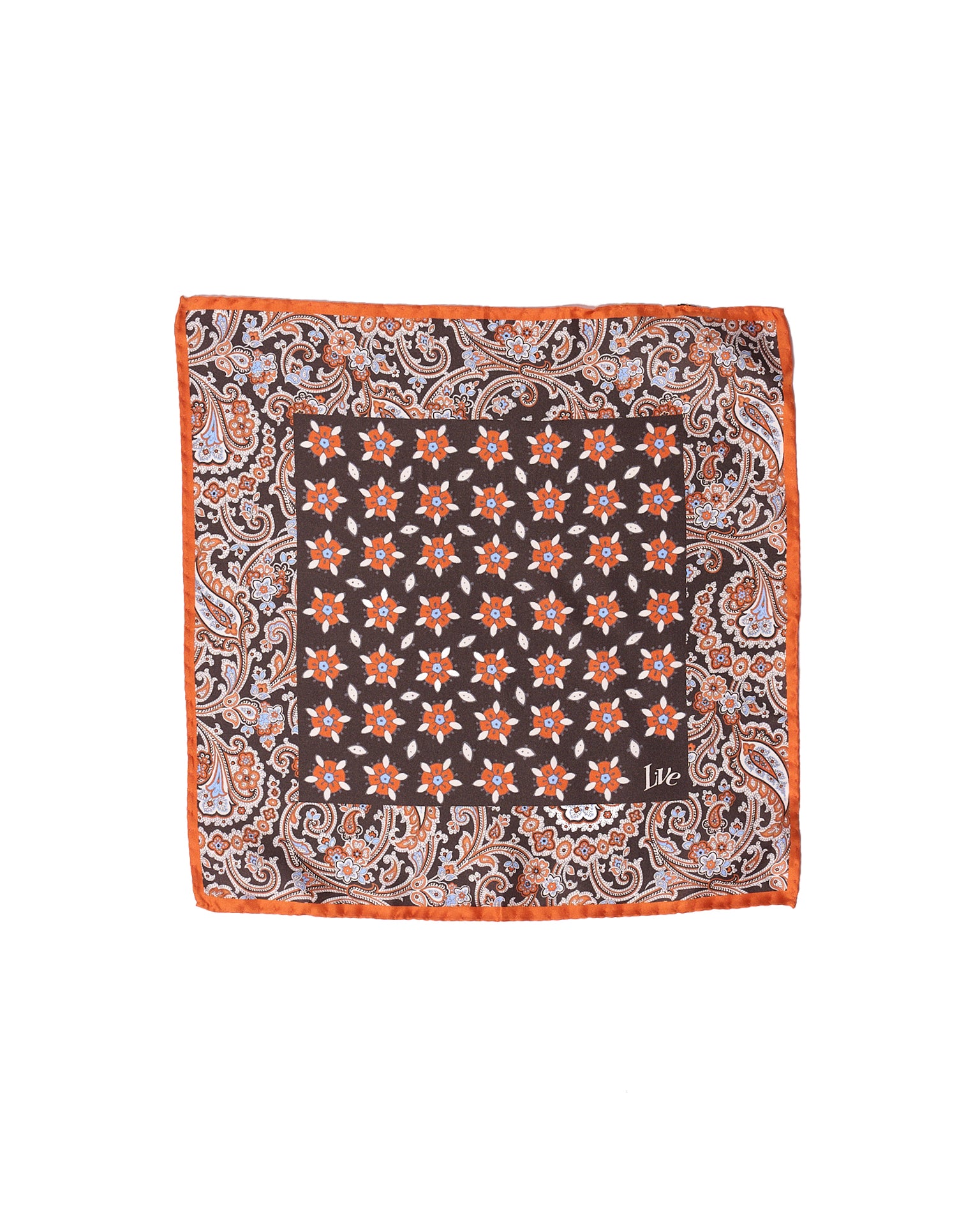 Pocket square - silk - small - brown motif with orange rim