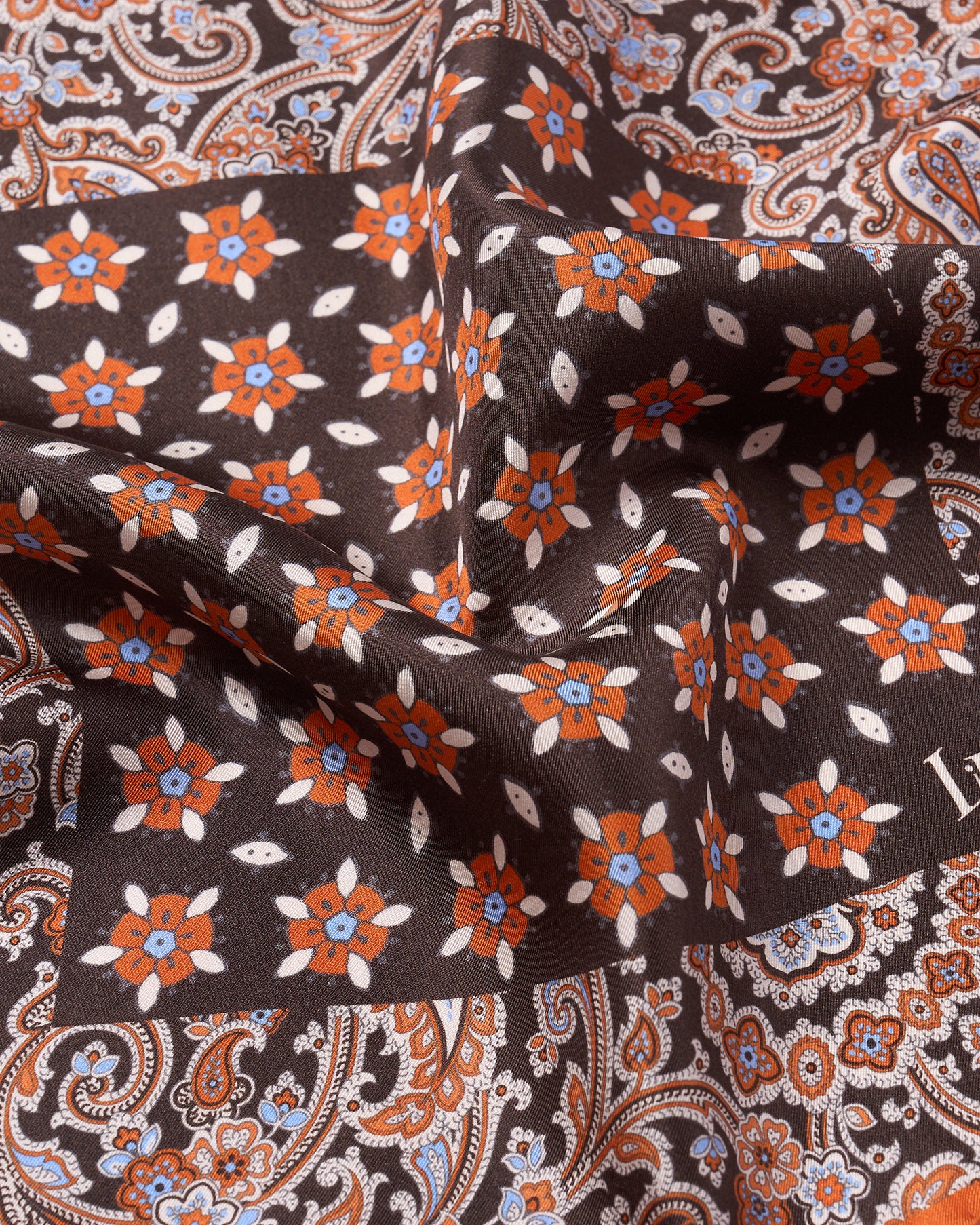 Pocket square - silk - small - brown motif with orange rim