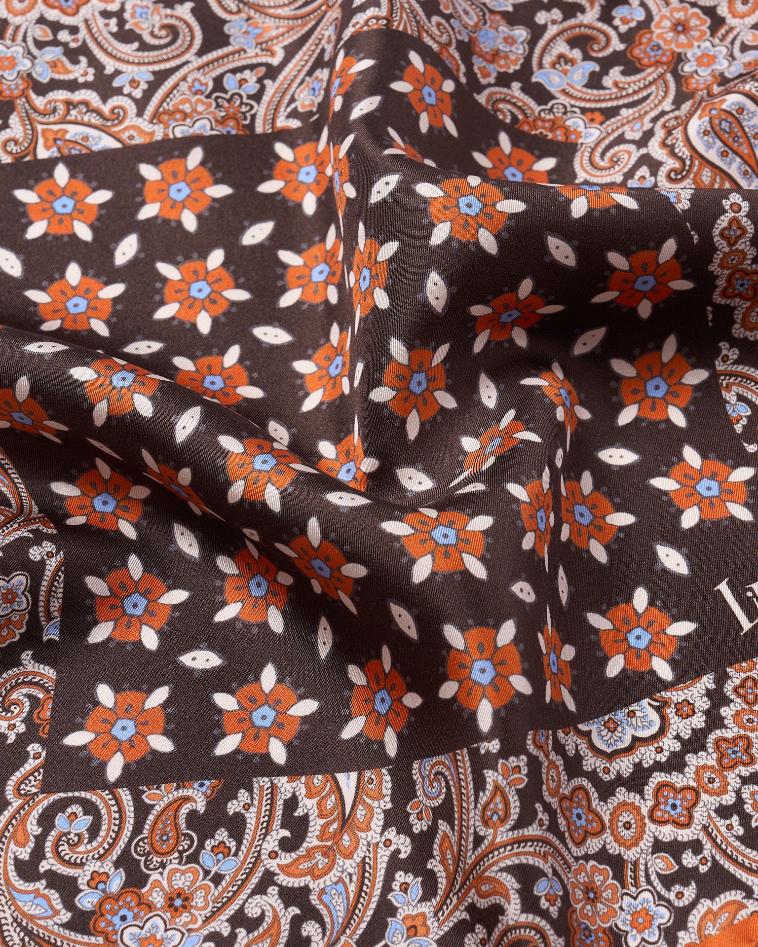 Pocket square - silk - small - brown motif with orange rim