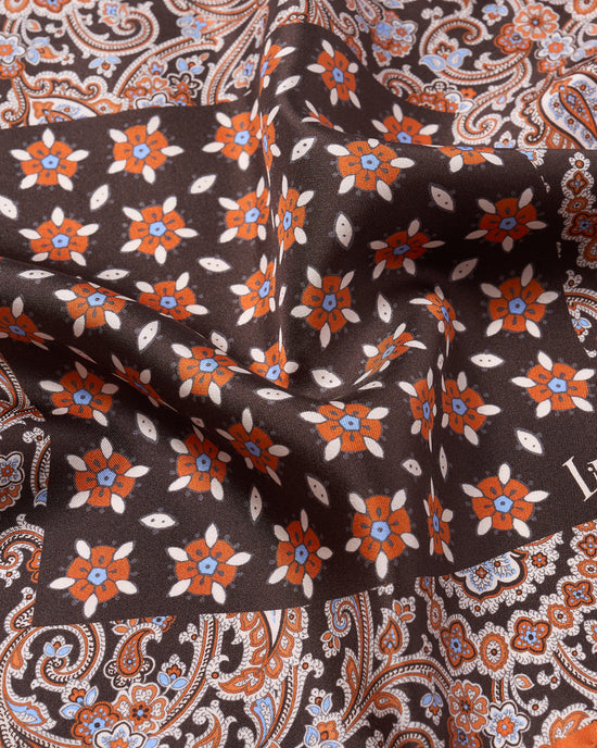 Pocket square - silk - small - brown motif with orange rim