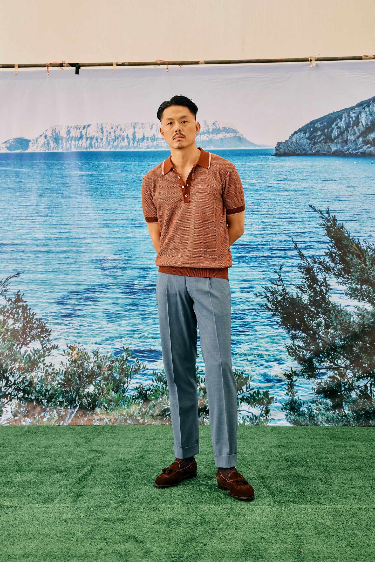 Knitted polo two tone fish stitch - Pink burgundy - cotton