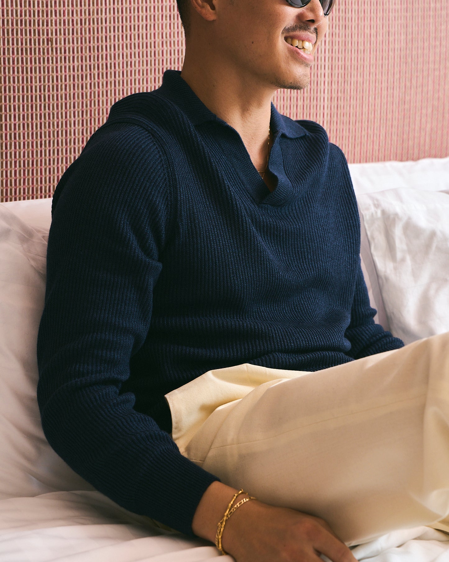Knitted rib stitch linen and cotton polo - Navy blue