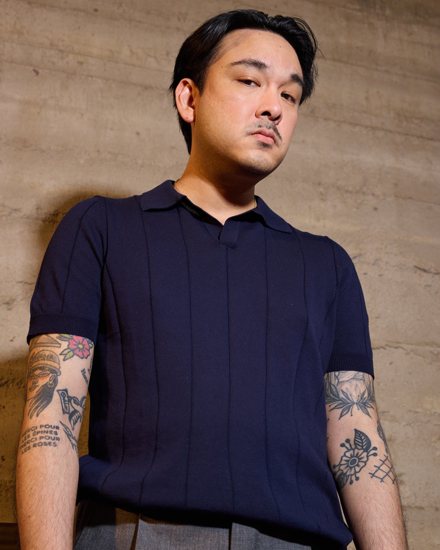 Knitted wide ribbed cotton polo - Navy blue