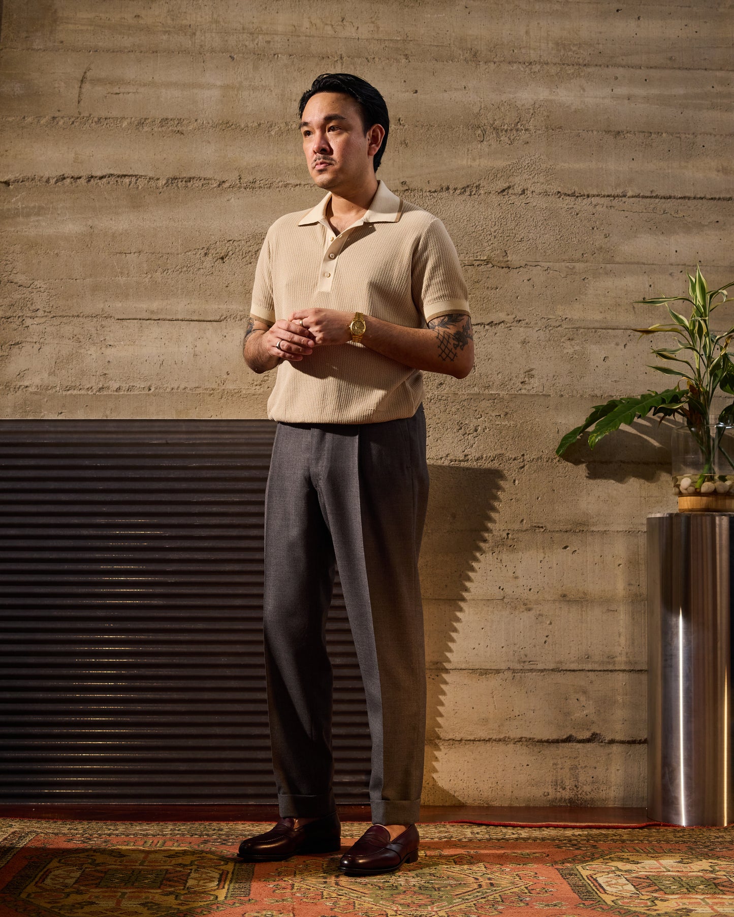 Knitted polo two tone fish stitch - Brown and beige - cotton