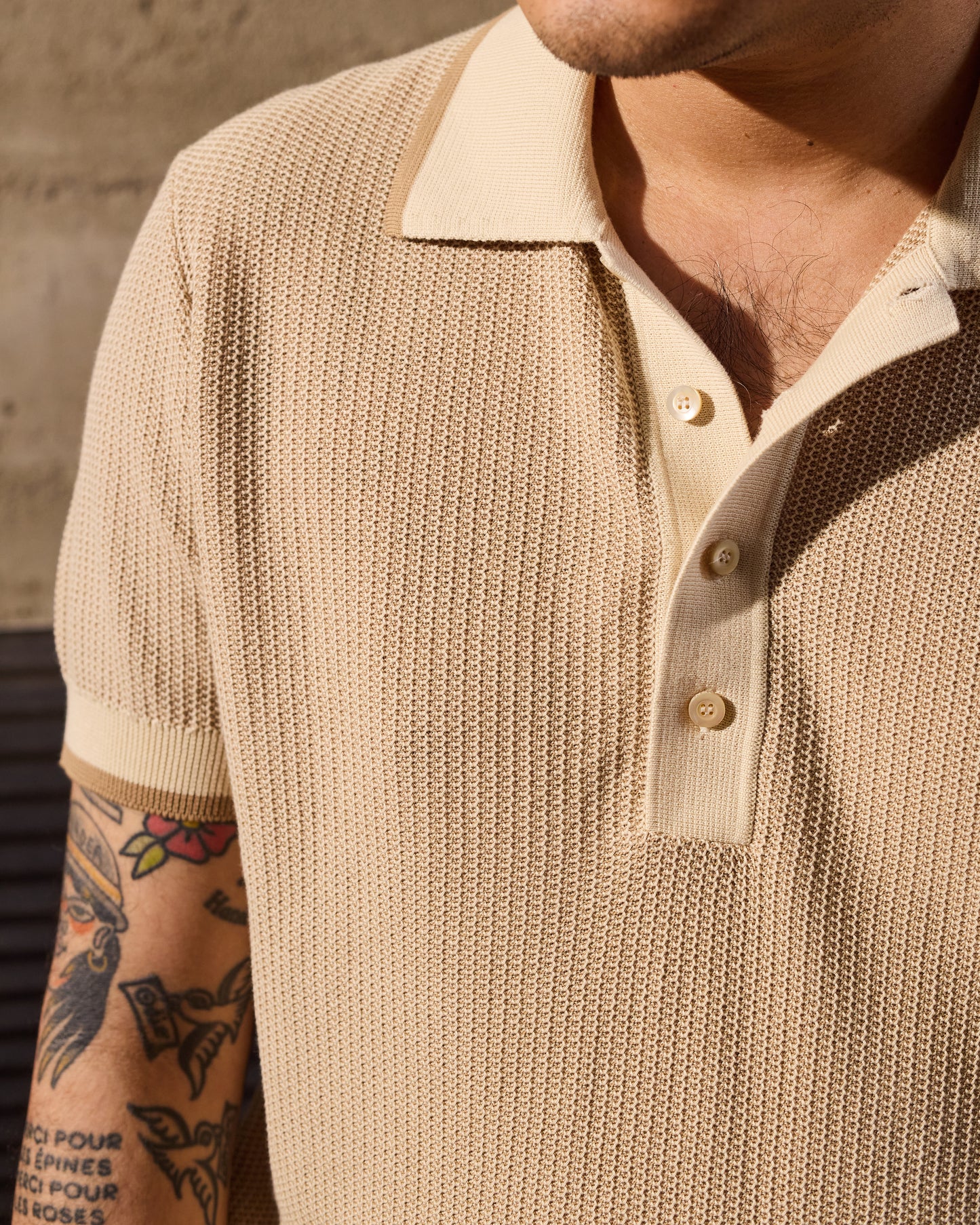 Knitted polo two tone fish stitch - Brown and beige - cotton